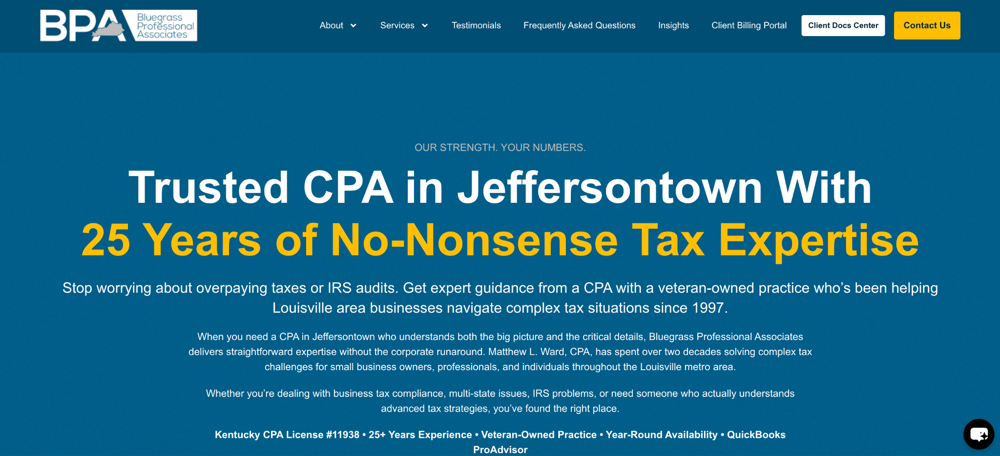 Bluegrass Professional Associates website header featuring 25 Years of No-Nonsense Tax Expertise