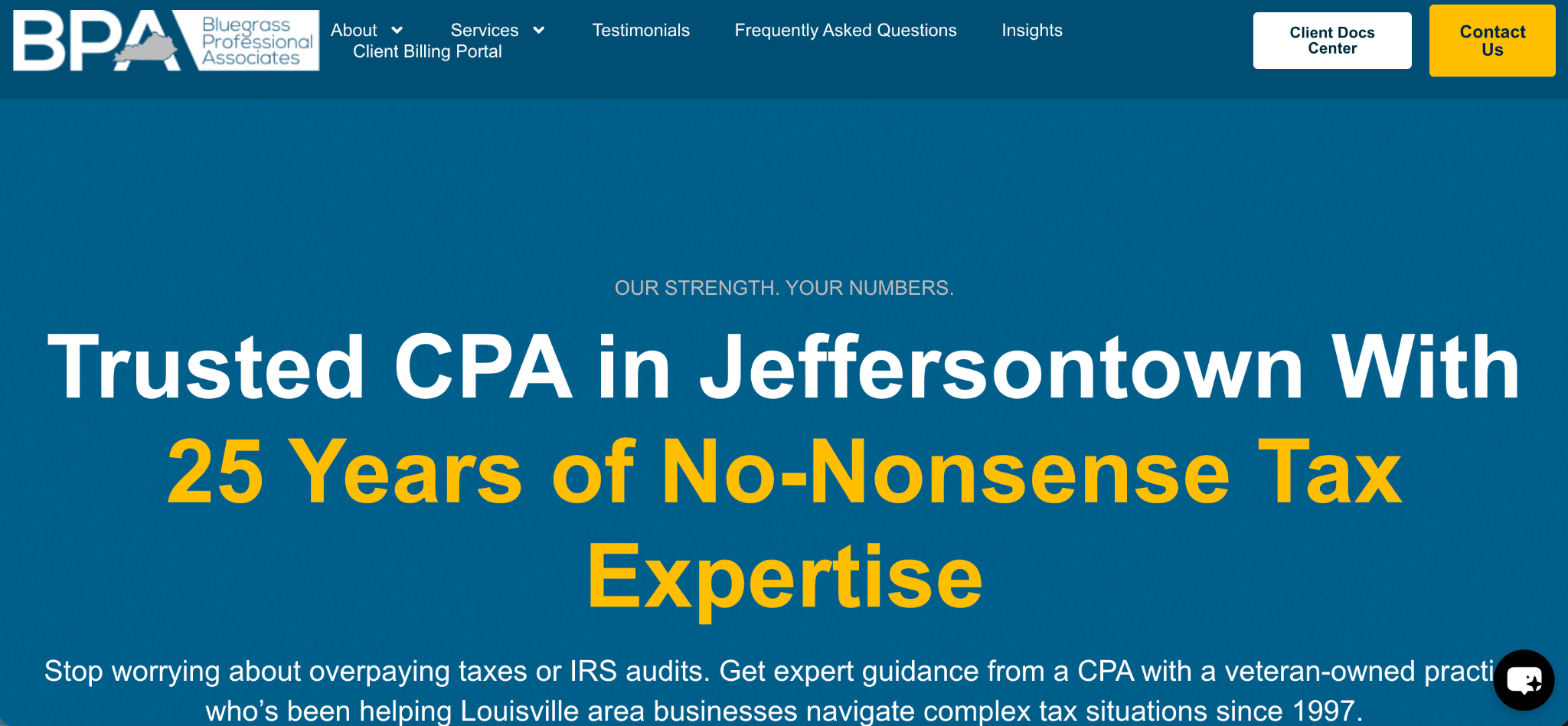 Bluegrass Professional Associates website banner showing 25 years of no-nonsense tax expertise
