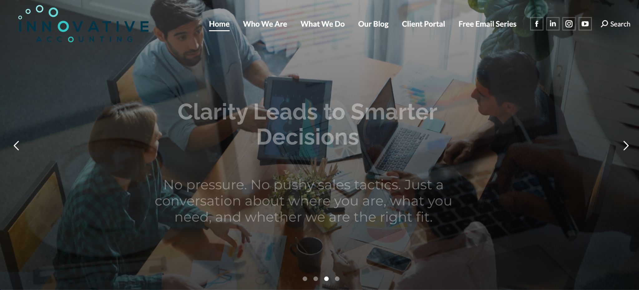 Innovating Accounting website header showing a modern office setting with the title Clarity Leads to Smarter Decisions