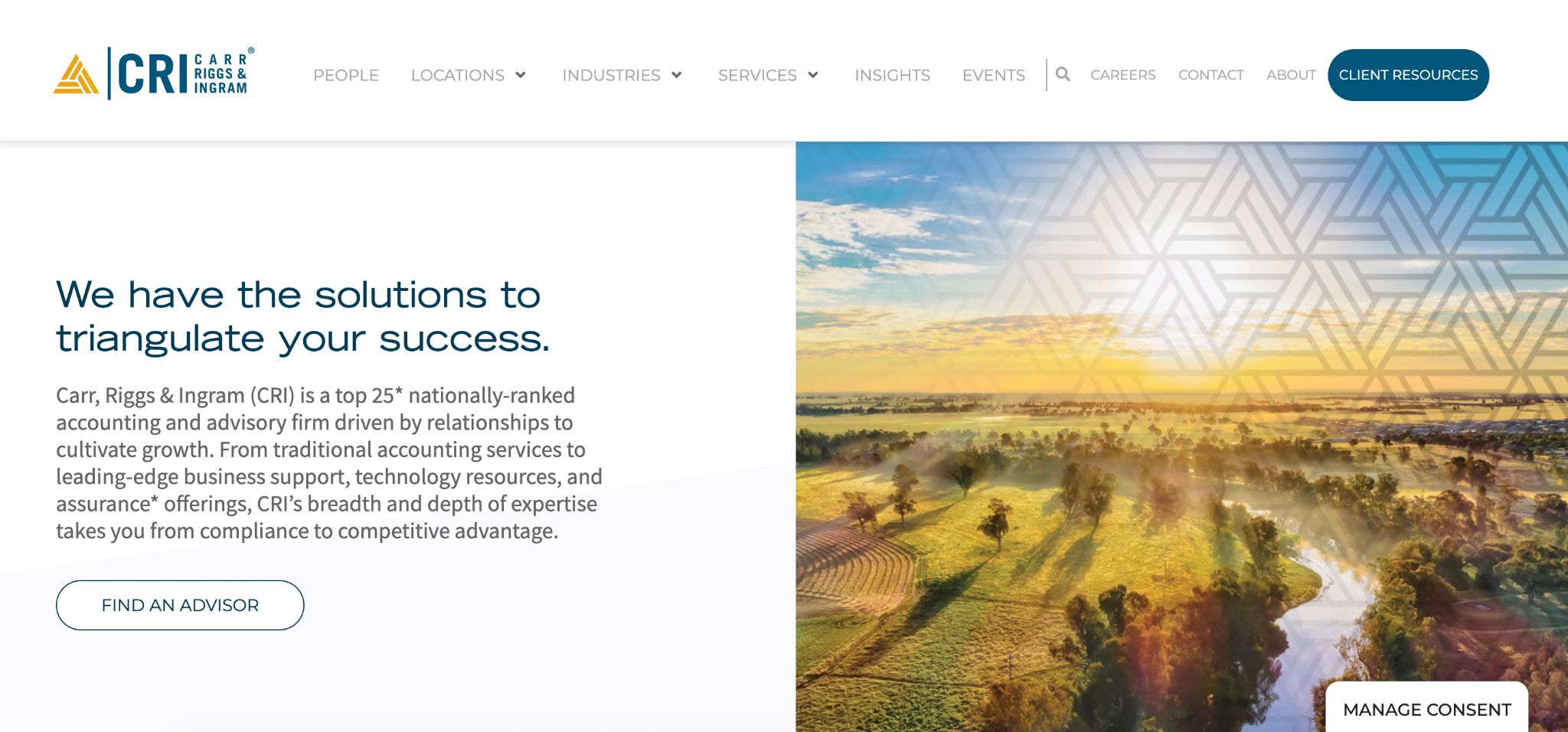 Carr Riggs and Ingram website homepage featuring solutions for mid-market and enterprise clients