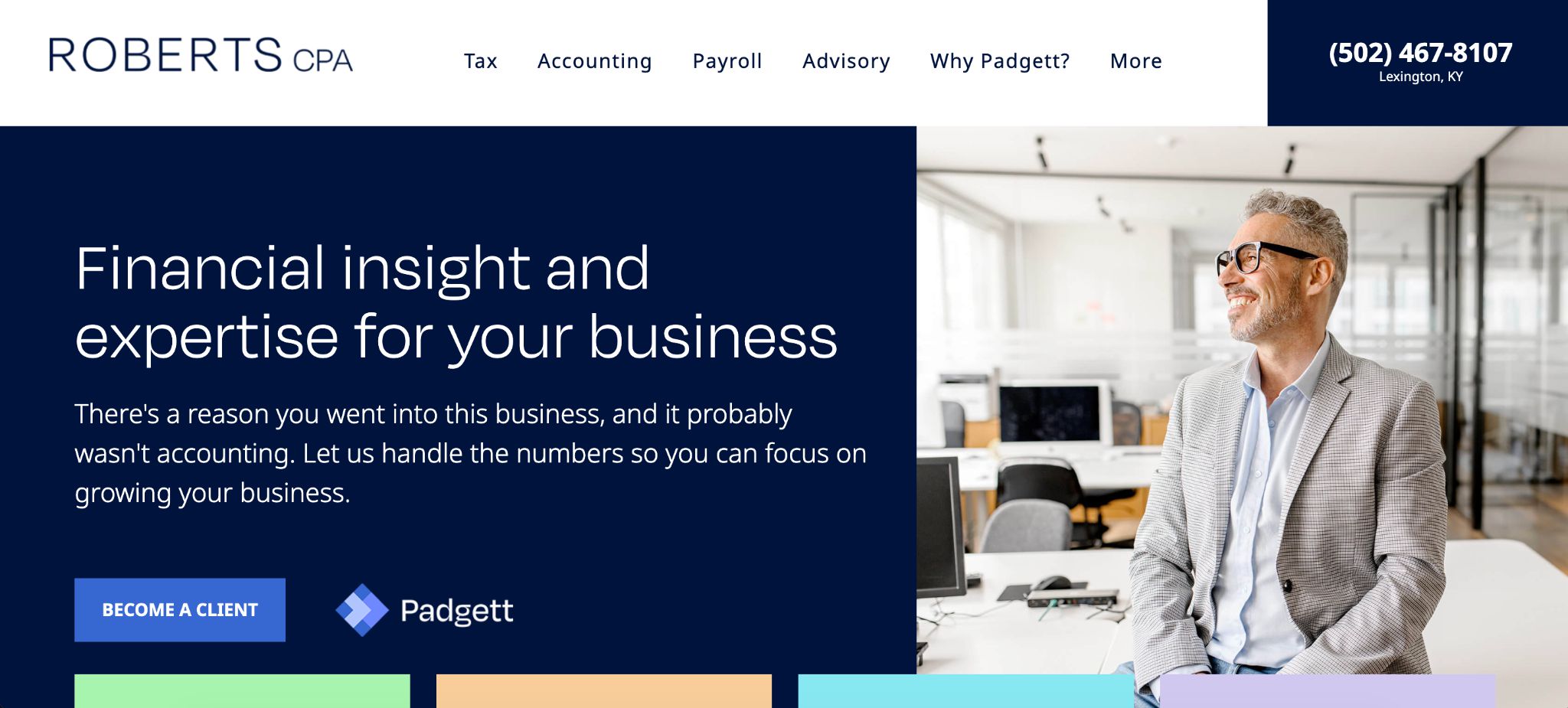 Roberts CPA website banner showing a professional businessman and Padgett affiliate partnership details