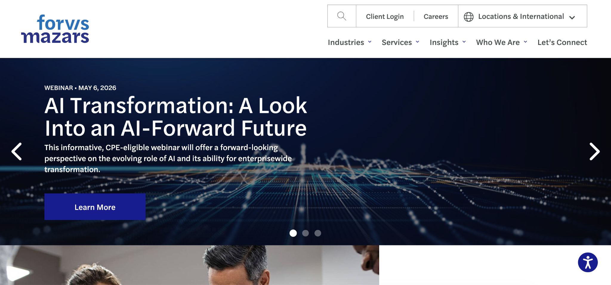 Forvis Mazars website showing AI Transformation and national CPA firm depth