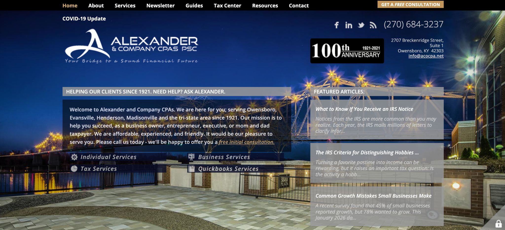 Alexander & Company CPAs website showing their 100th anniversary and services for the Tri-State region