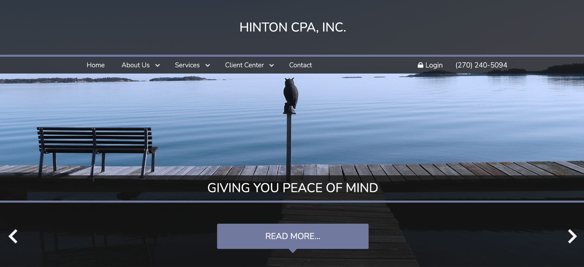 Hinton CPA website showing a tranquil dock scene with the slogan Giving You Peace of Mind