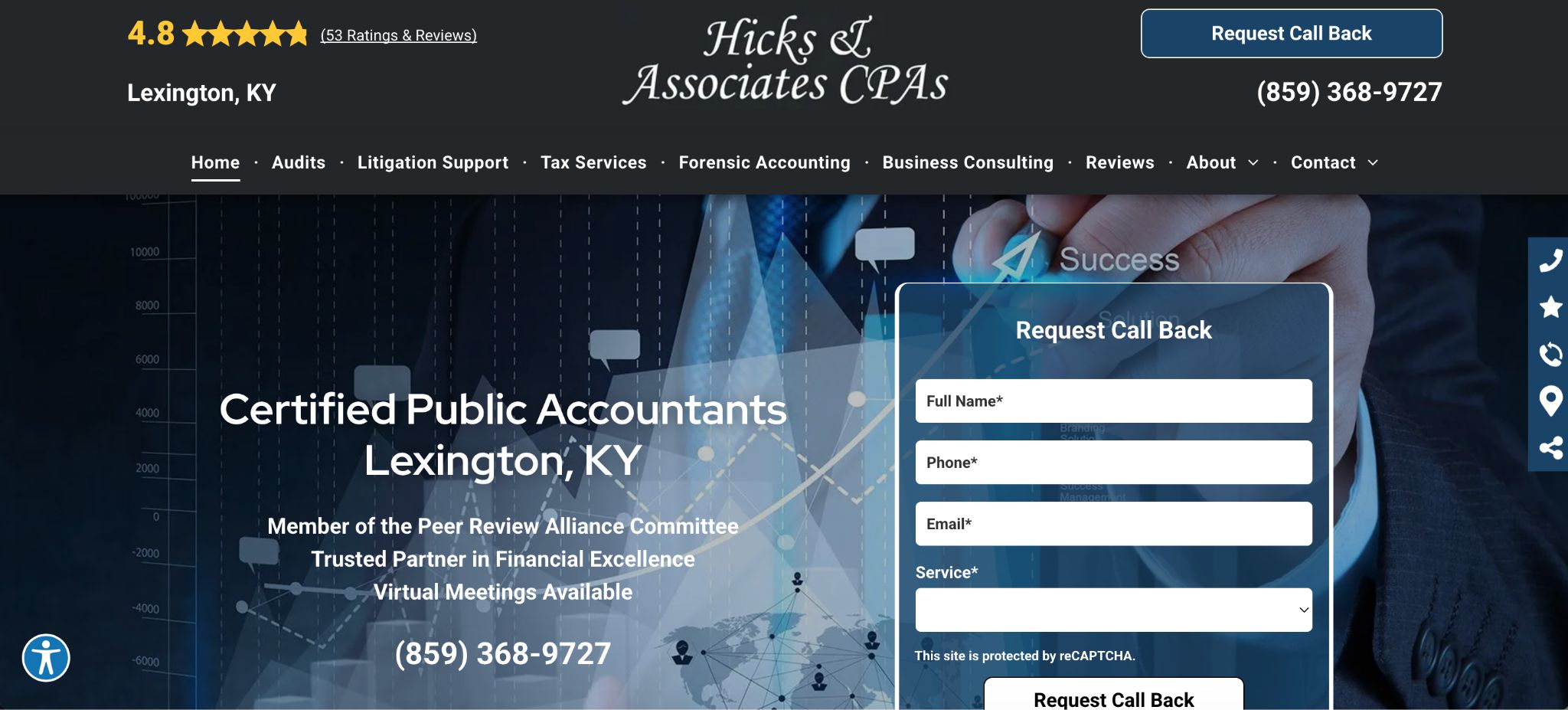 Hicks and Associates CPAs homepage presenting certified public accountant services in Lexington KY