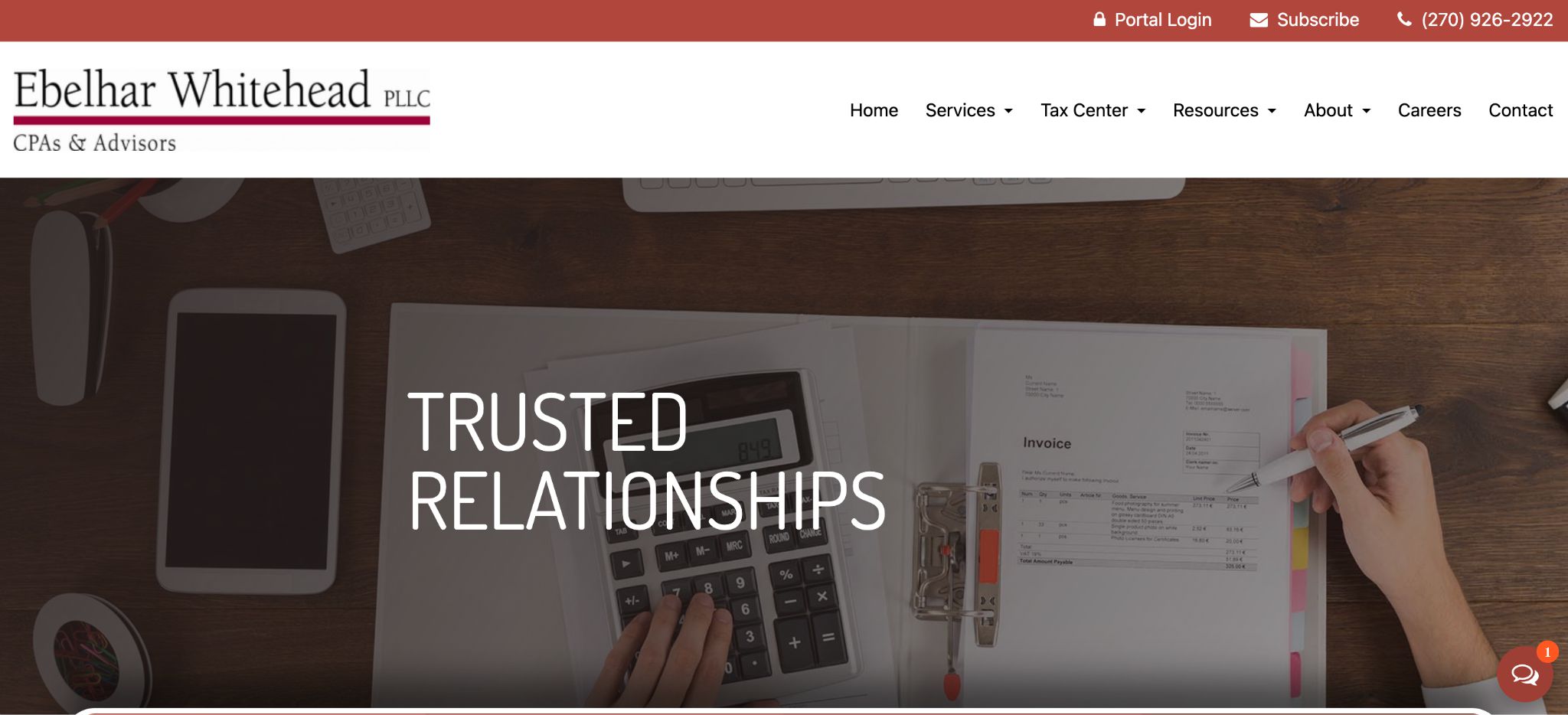 Ebelhar Whitehead PLLC website featuring the phrase Trusted Relationships over accounting tools