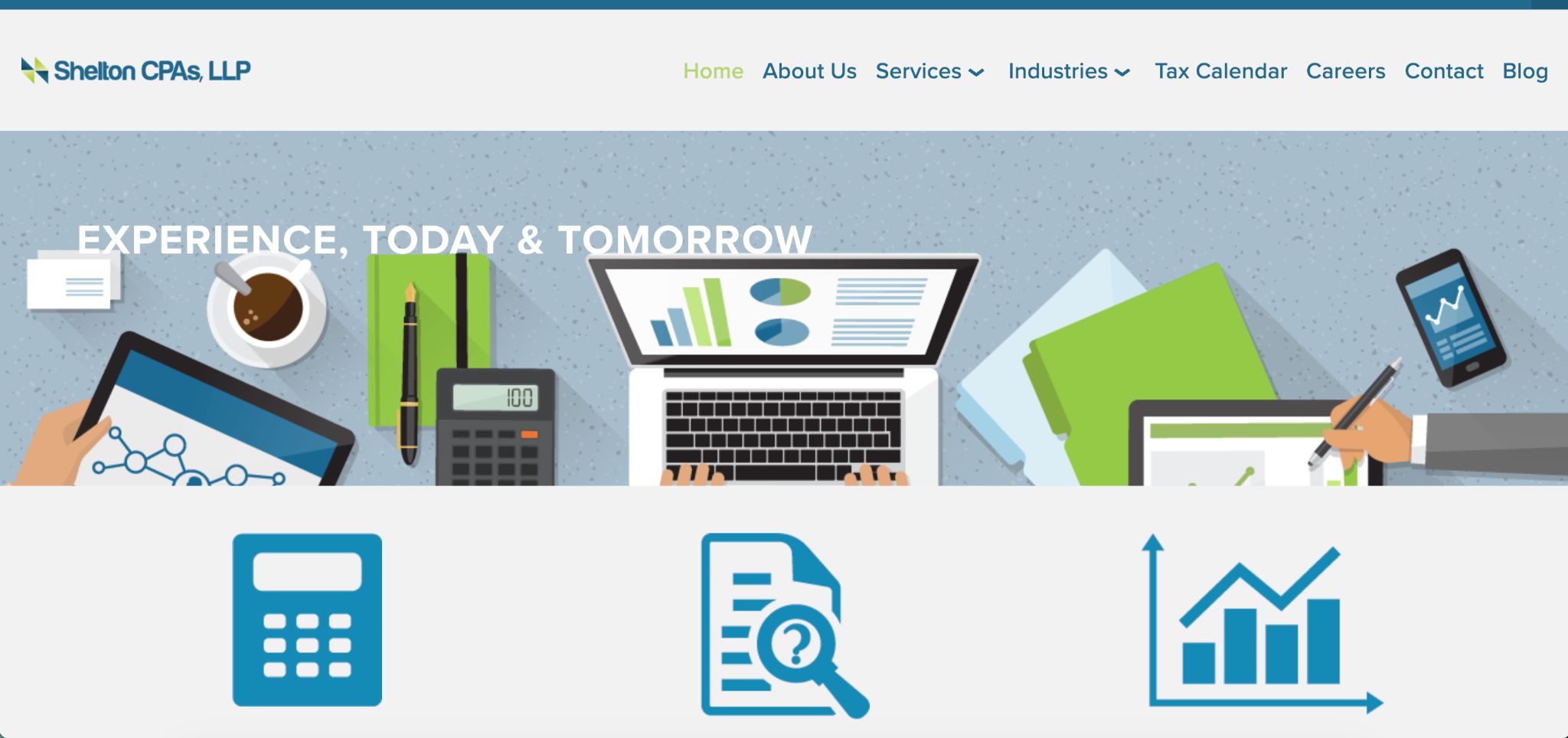 Shelton CPAs LLP website showing experience today and tomorrow for various industries