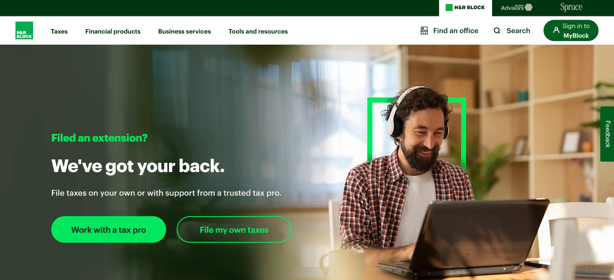 H&R Block website showing a tax professional assisting a client with their tax return